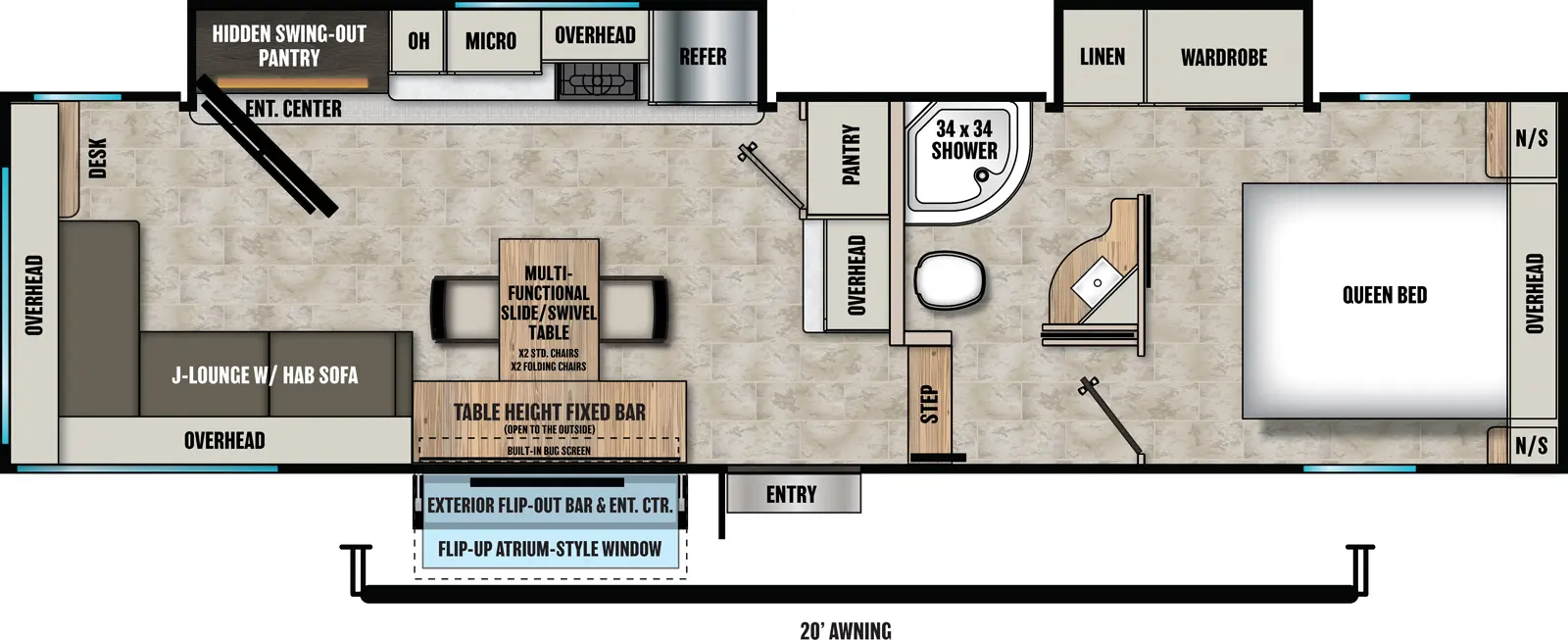 The Phoenix 27BAR floorplan has one entry and two slide outs. Exterior features include: fiberglass exterior, 20' awning and  outside entertainment. Interiors features include: front bedroom and rear living.